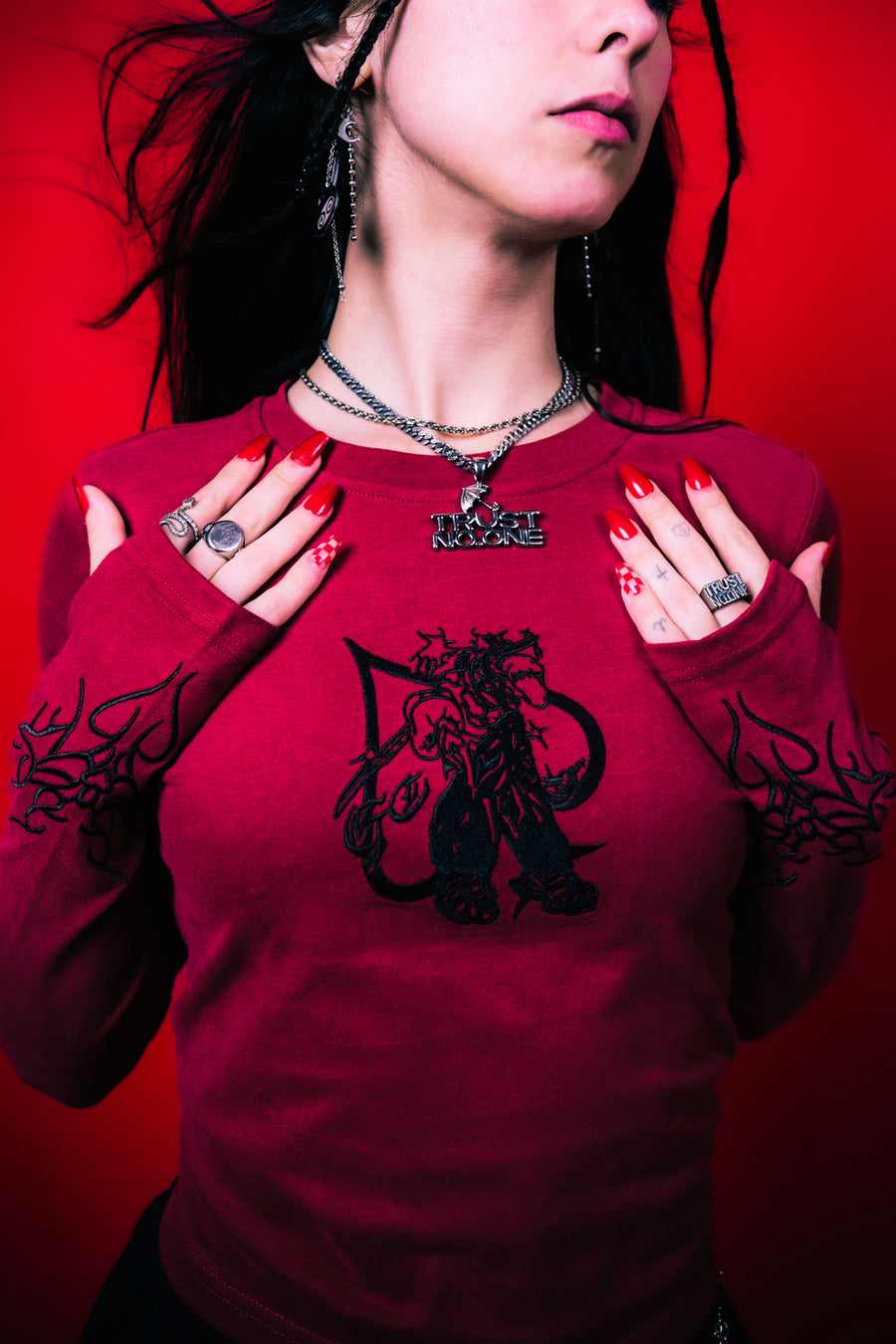 Chaos Longsleeve Baby Tee Red and Black