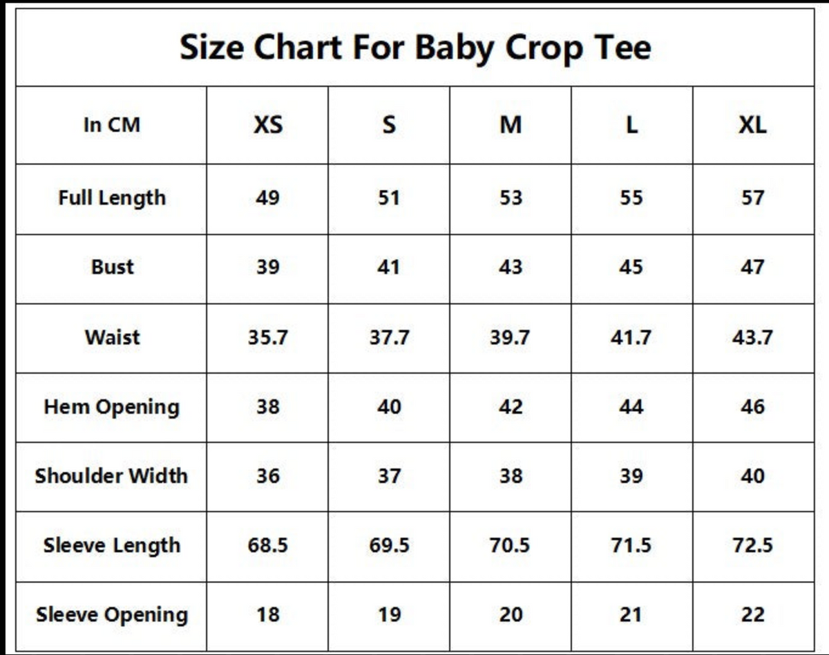 Size guide for Chaos Longsleeve Baby Tee Black and Purple