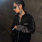 Ace Track Longsleeve street-style look with grey sleeves and spade trim.