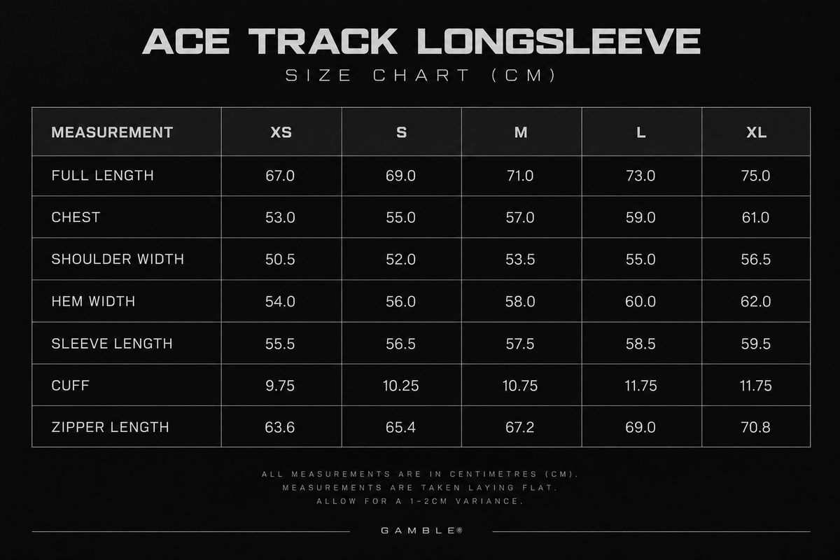 Size guide for Ace Track Longsleeve