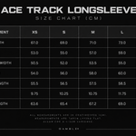 Ace Track Longsleeve size chart, XS to XL. Garment measurements in centimetres.