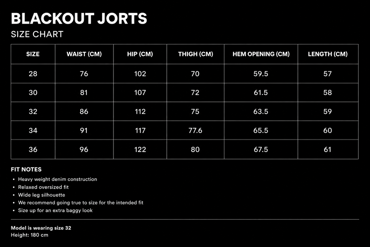 Size guide for Blackout Jorts
