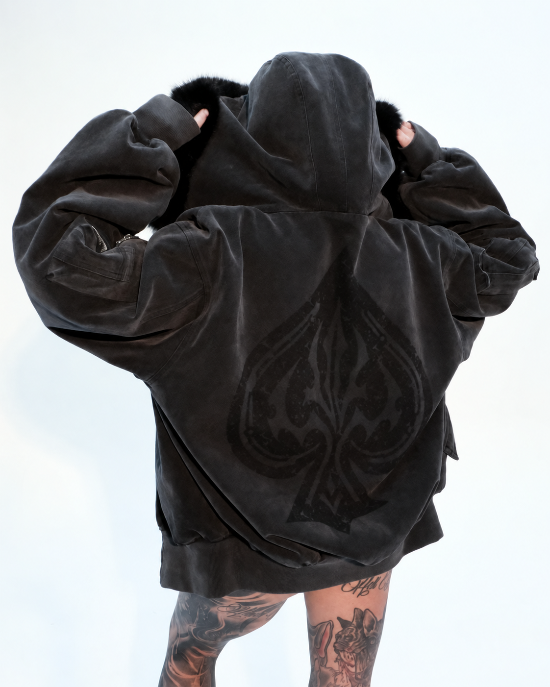 Heavy Ace Jacket back detail with its large tonal Ace graphic and silver-tone sleeve-pocket zipper.