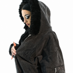 Heavy Ace Jacket front detail with silver-tone front and sleeve zippers, acid-washed cotton twill and black faux-fur hood trim.