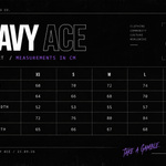 Heavy Ace Jacket size chart in centimetres, sizes XS to XL. Full measurements are also listed in the product description.
