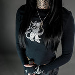 Chaos Longsleeve Tee - Thumb Holes & Silver Embroidery featuring cropped fit and bold silver graphic on chest, styled for edgy wear.