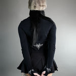 Chaos Longsleeve Tee in black with silver embroidery on sleeves and lower back, featuring thumb holes and a cropped fit for womens  wear.